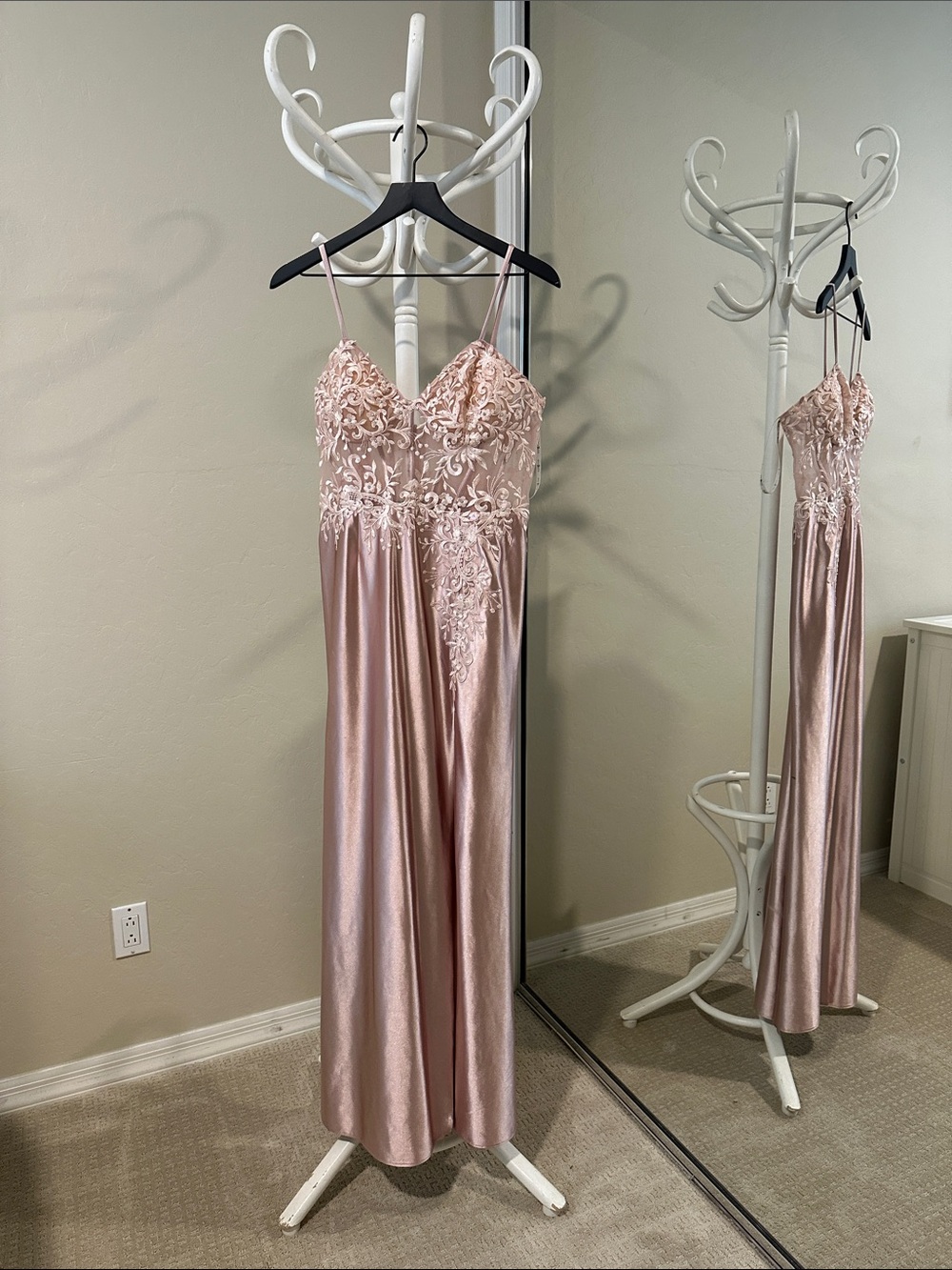 Pink Satin Evening Gown with Lace Bodice